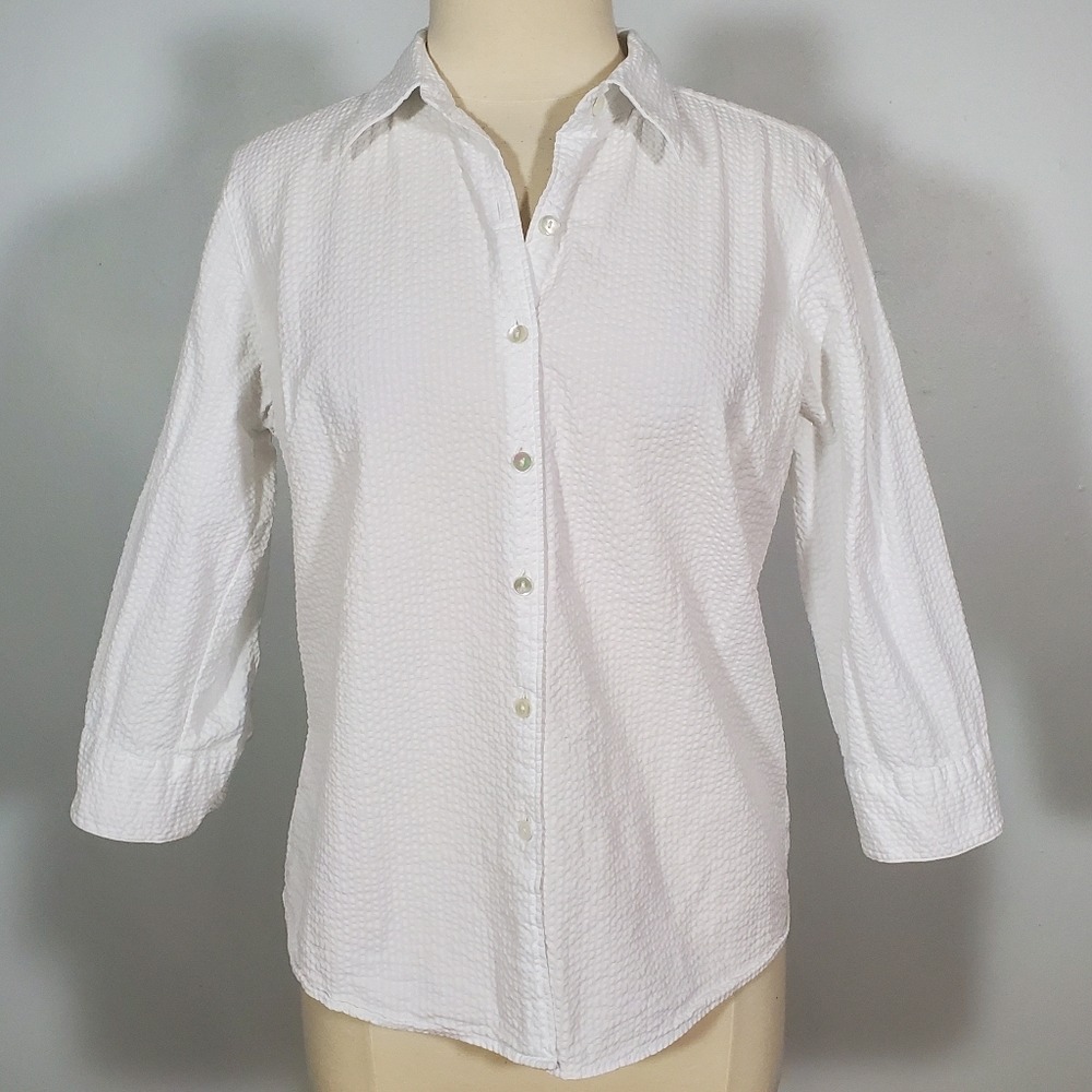 L.L. Bean White Textured 3/4 Button Up Shirt